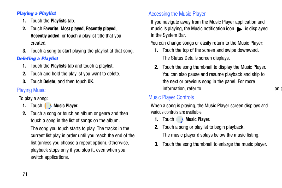 Samsung GT-P5210 Playing Music, Accessing the Music Player, Music Player Controls, Playing a Playlist, Deleting a Playlist 