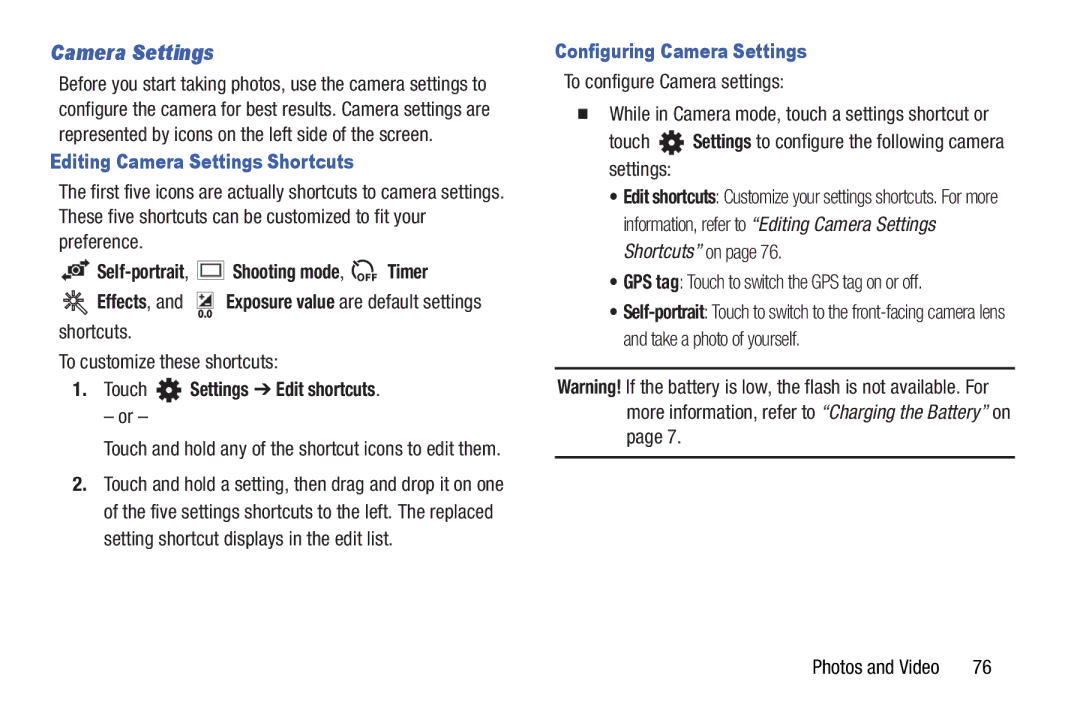 Samsung GTP5210GNYXAR, SM T3100GNYXAR, GTP5210ZWYXAR Editing Camera Settings Shortcuts, Configuring Camera Settings 