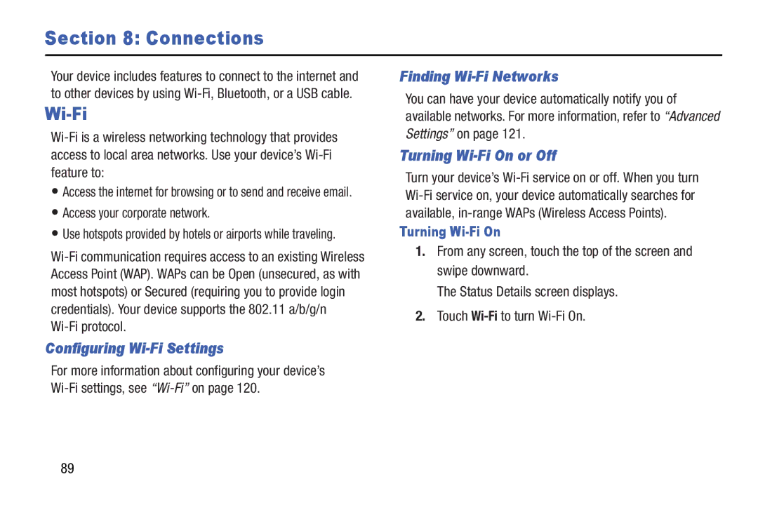 Samsung 3 10.1 White Connections, Configuring Wi-Fi Settings, Finding Wi-Fi Networks, Turning Wi-Fi On or Off 