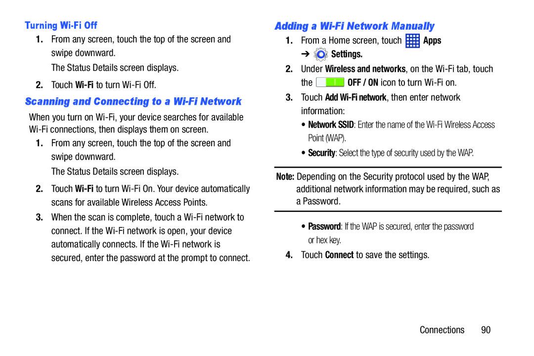 Samsung 3 10.1 Gold-Brown, GT-P5210 Adding a Wi-Fi Network Manually, Turning Wi-Fi Off, OFF / on icon to turn Wi-Fi on 