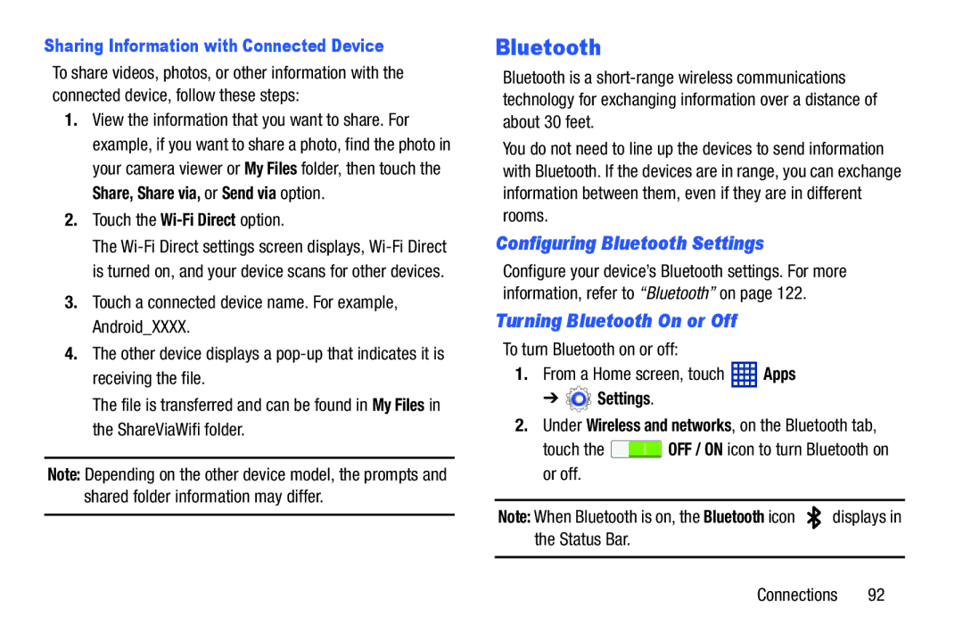 Samsung GTP5210GNYXAR, SM T3100GNYXAR, GTP5210ZWYXAR Configuring Bluetooth Settings, Turning Bluetooth On or Off 