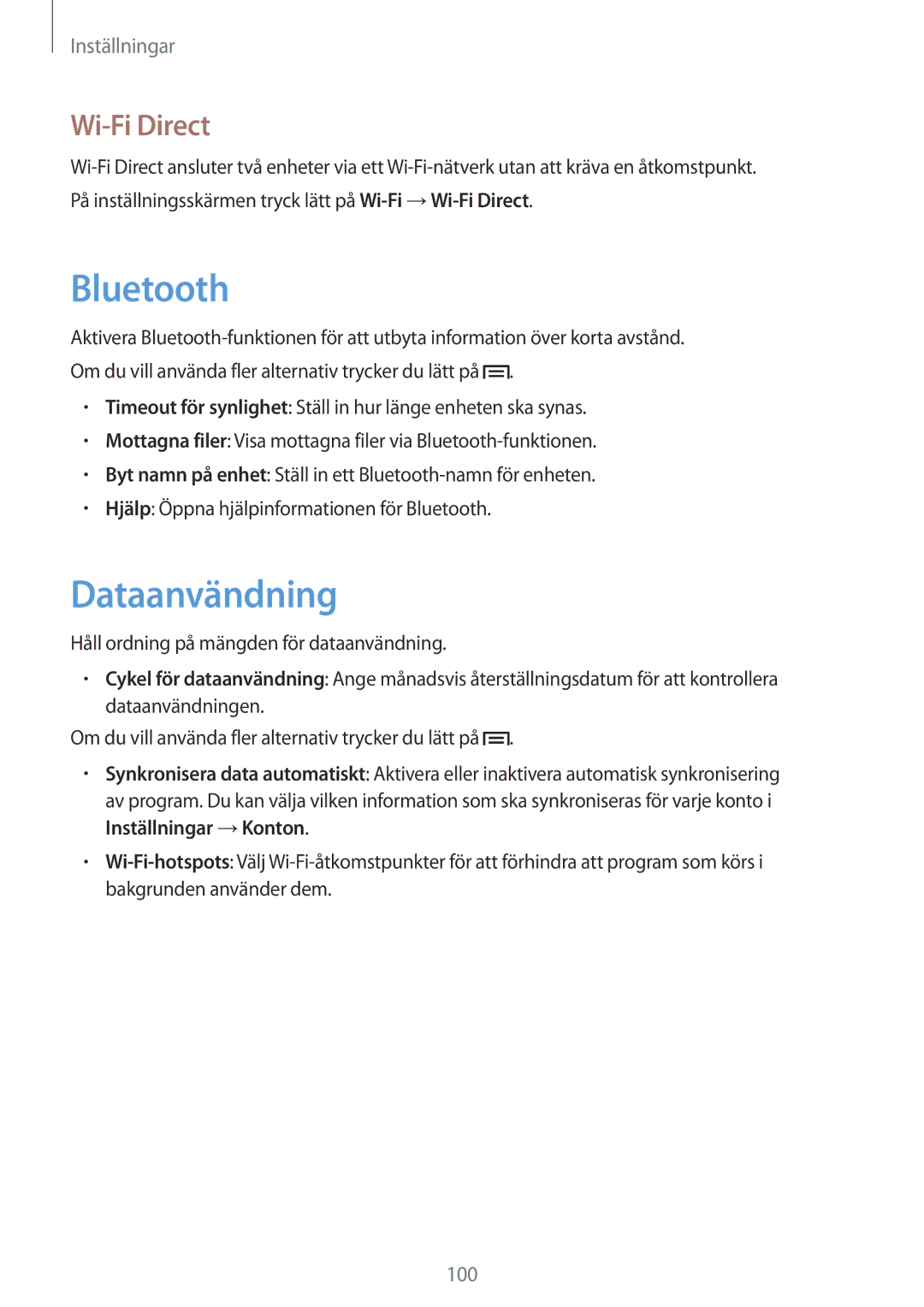 Samsung SM-T3100ZWANEE, SM-T3100MKANEE, SM-T3100GNENEE, SM-T3100GNANEE, SM-T3100MKENEE manual Dataanvändning, Wi-Fi Direct 