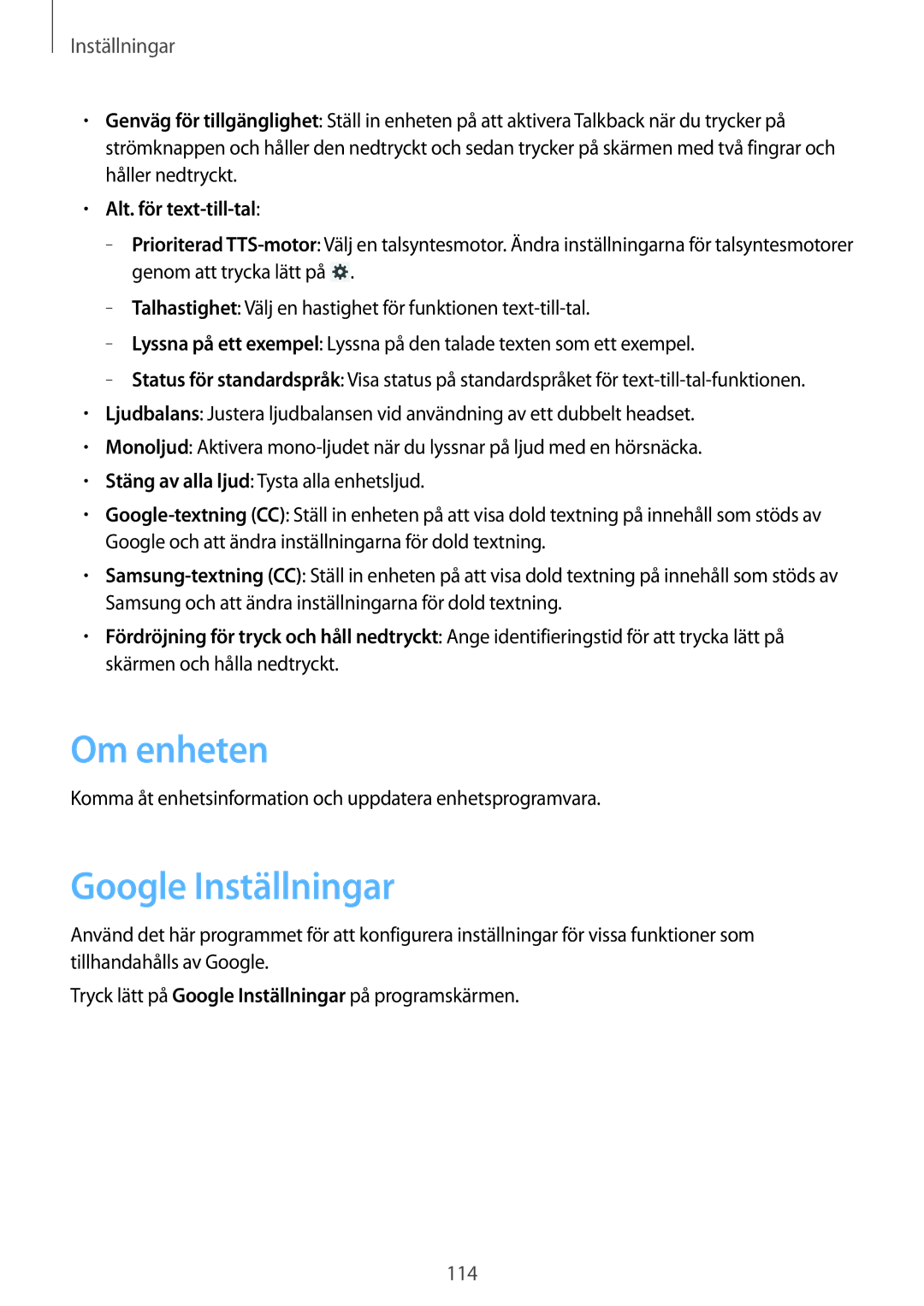 Samsung SM-T3100MKANEE, SM-T3100GNENEE, SM-T3100GNANEE manual Om enheten, Google Inställningar, Alt. för text-till-tal 