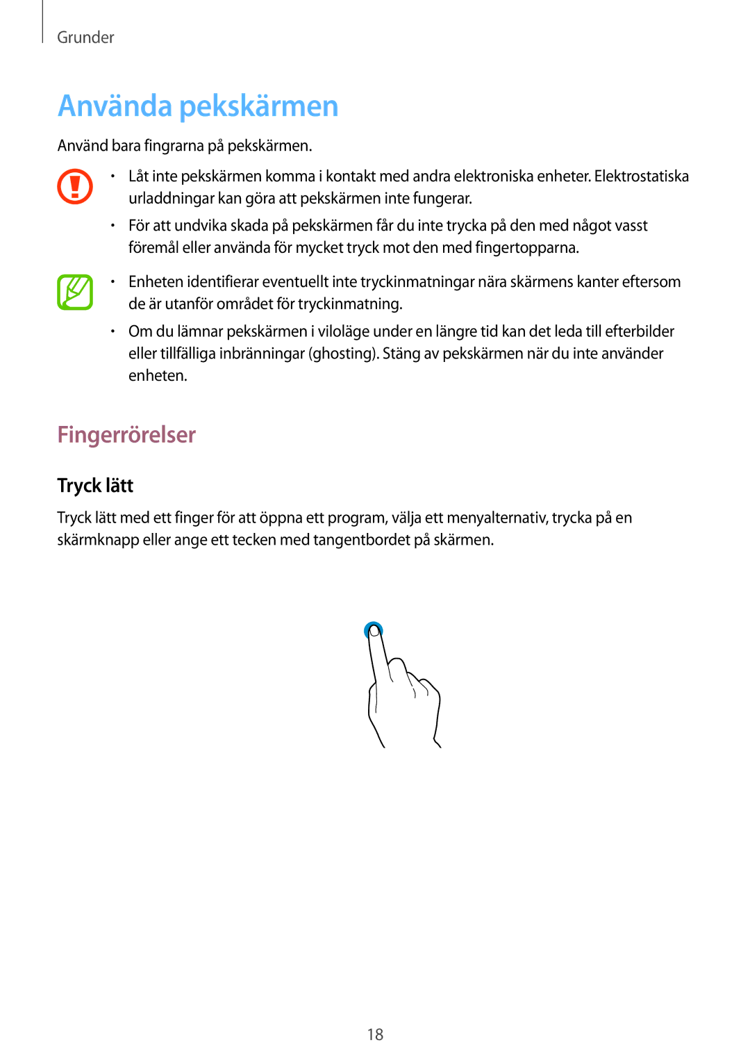 Samsung SM-T3100MKANEE, SM-T3100GNENEE, SM-T3100GNANEE, SM-T3100MKENEE manual Använda pekskärmen, Fingerrörelser, Tryck lätt 