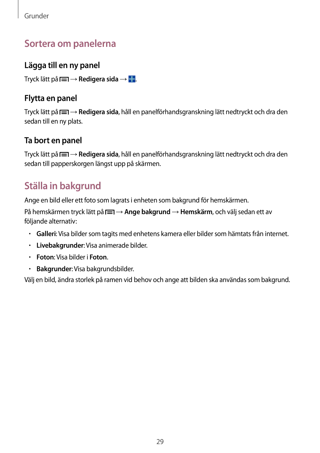 Samsung SM-T3100ZWENEE Sortera om panelerna, Ställa in bakgrund, Lägga till en ny panel, Flytta en panel, Ta bort en panel 