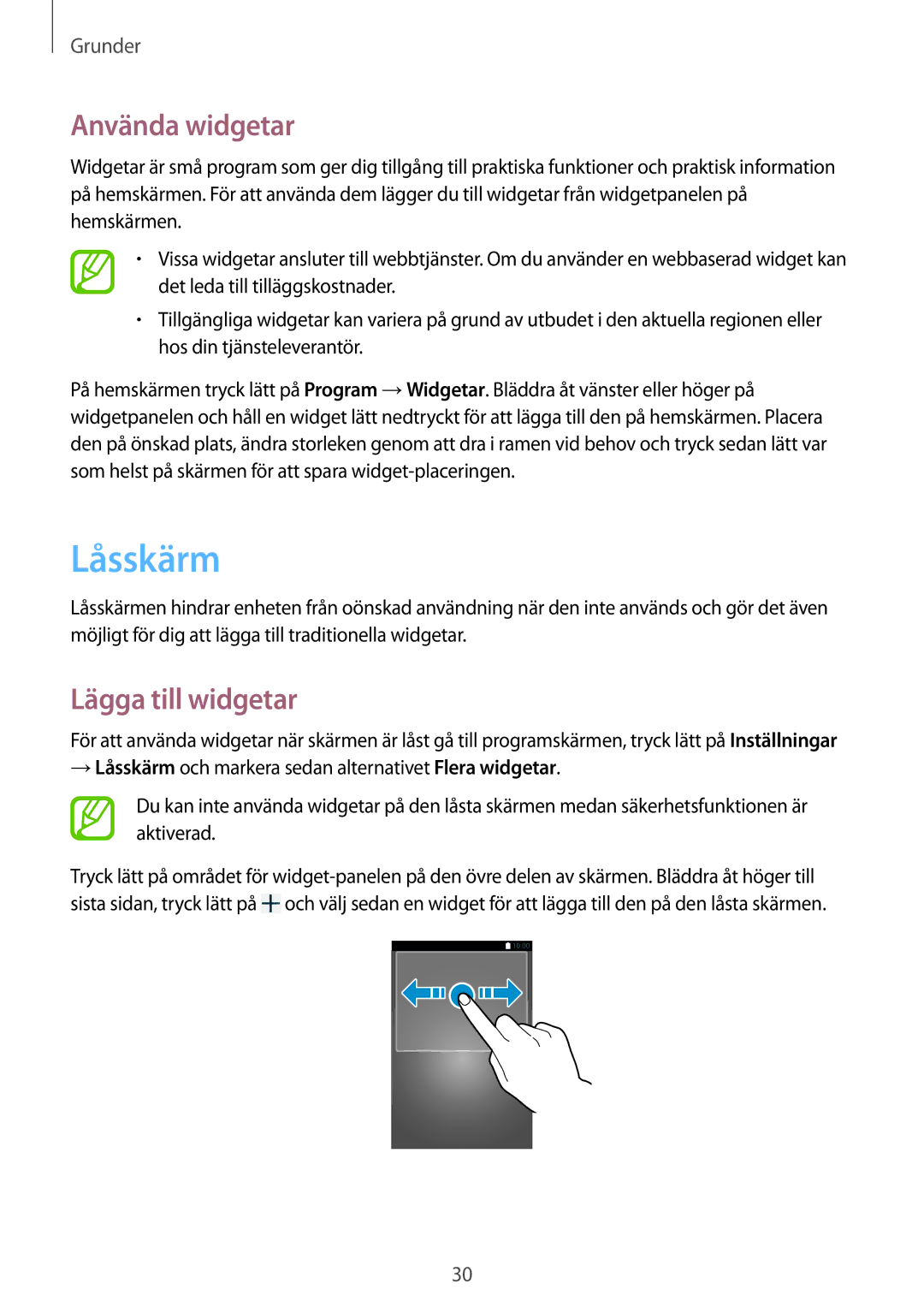 Samsung SM-T3100MKANEE, SM-T3100GNENEE, SM-T3100GNANEE, SM-T3100MKENEE manual Låsskärm, Använda widgetar, Lägga till widgetar 