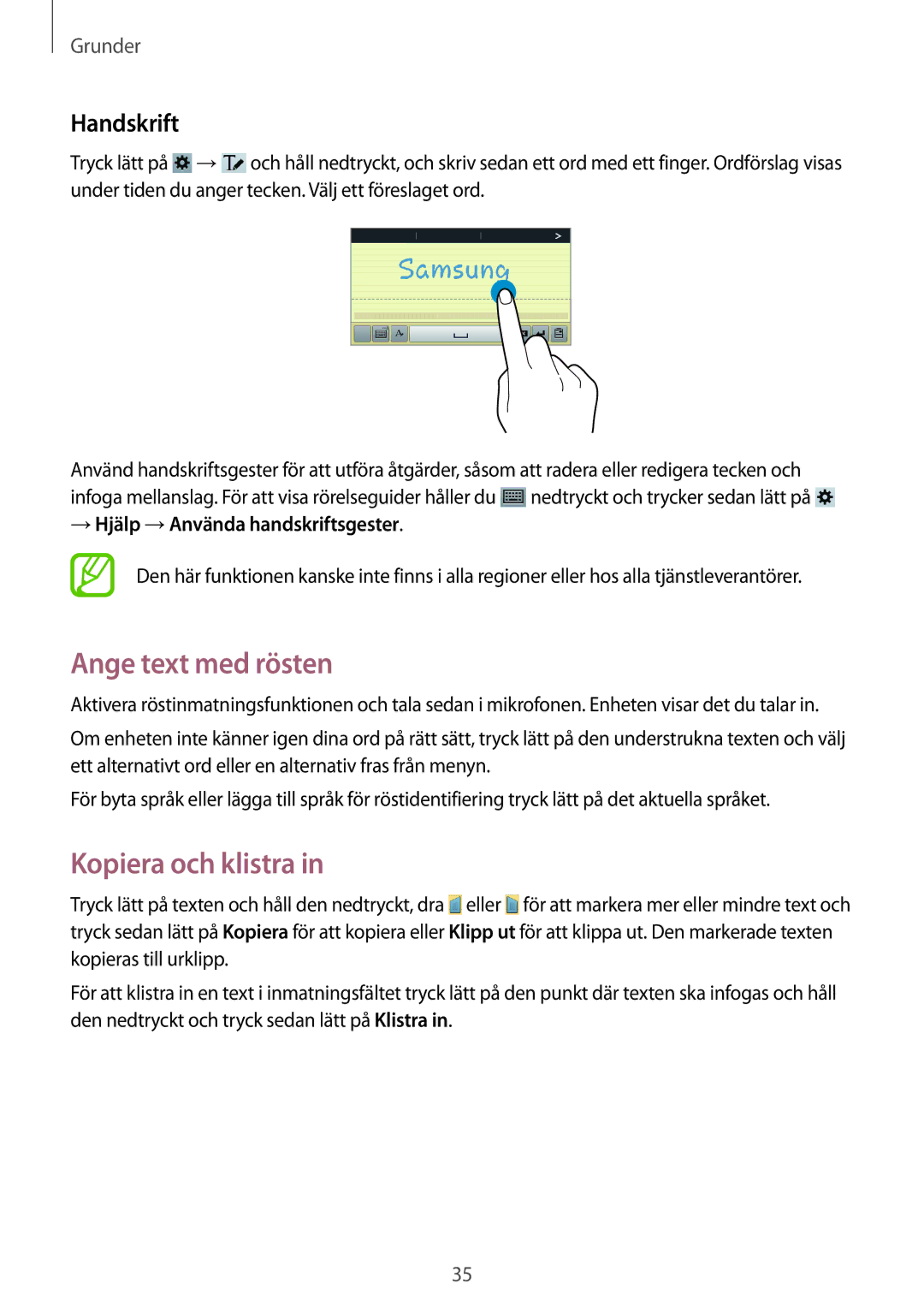 Samsung SM-T3100ZWENEE manual Ange text med rösten, Kopiera och klistra, Handskrift, → Hjälp →Använda handskriftsgester 