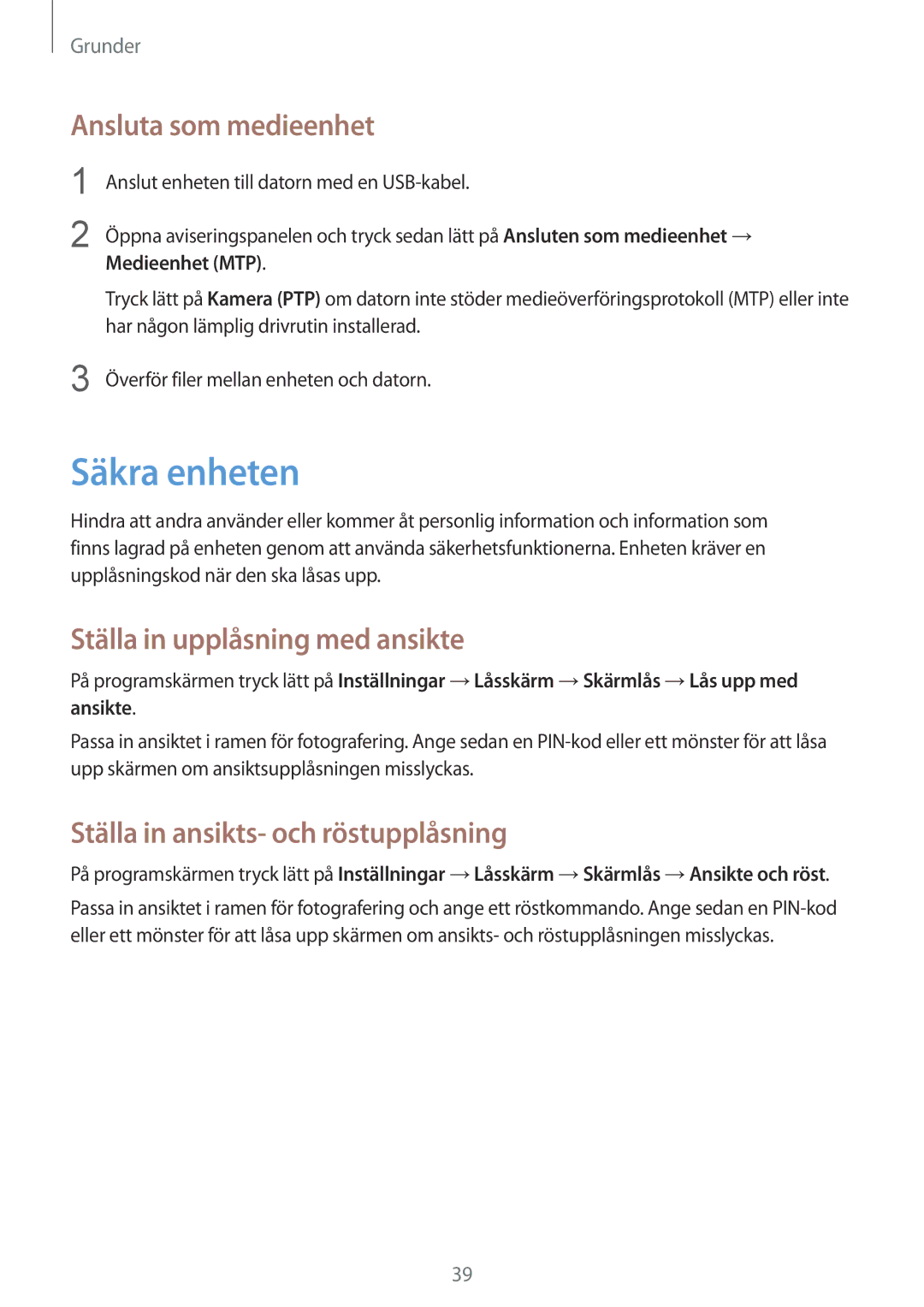 Samsung SM-T3100MKENEE manual Säkra enheten, Ansluta som medieenhet, Ställa in upplåsning med ansikte, Medieenhet MTP 