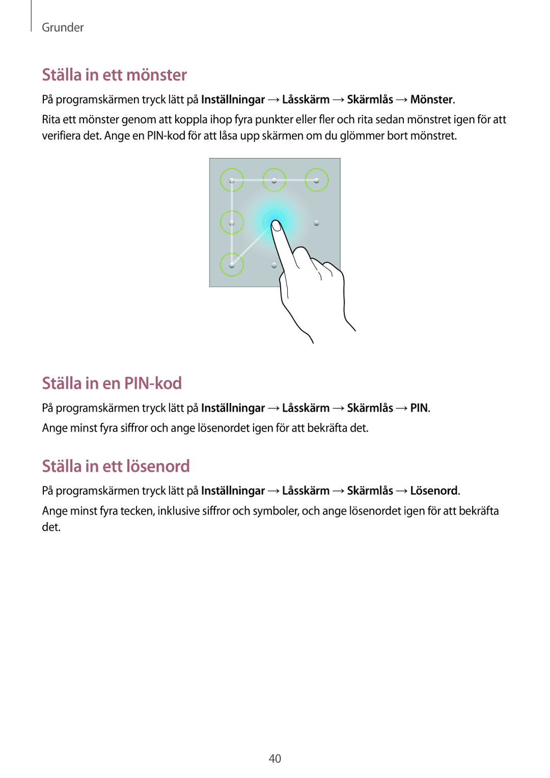 Samsung SM-T3100ZWANEE, SM-T3100MKANEE, SM-T3100GNENEE Ställa in ett mönster, Ställa in en PIN-kod, Ställa in ett lösenord 