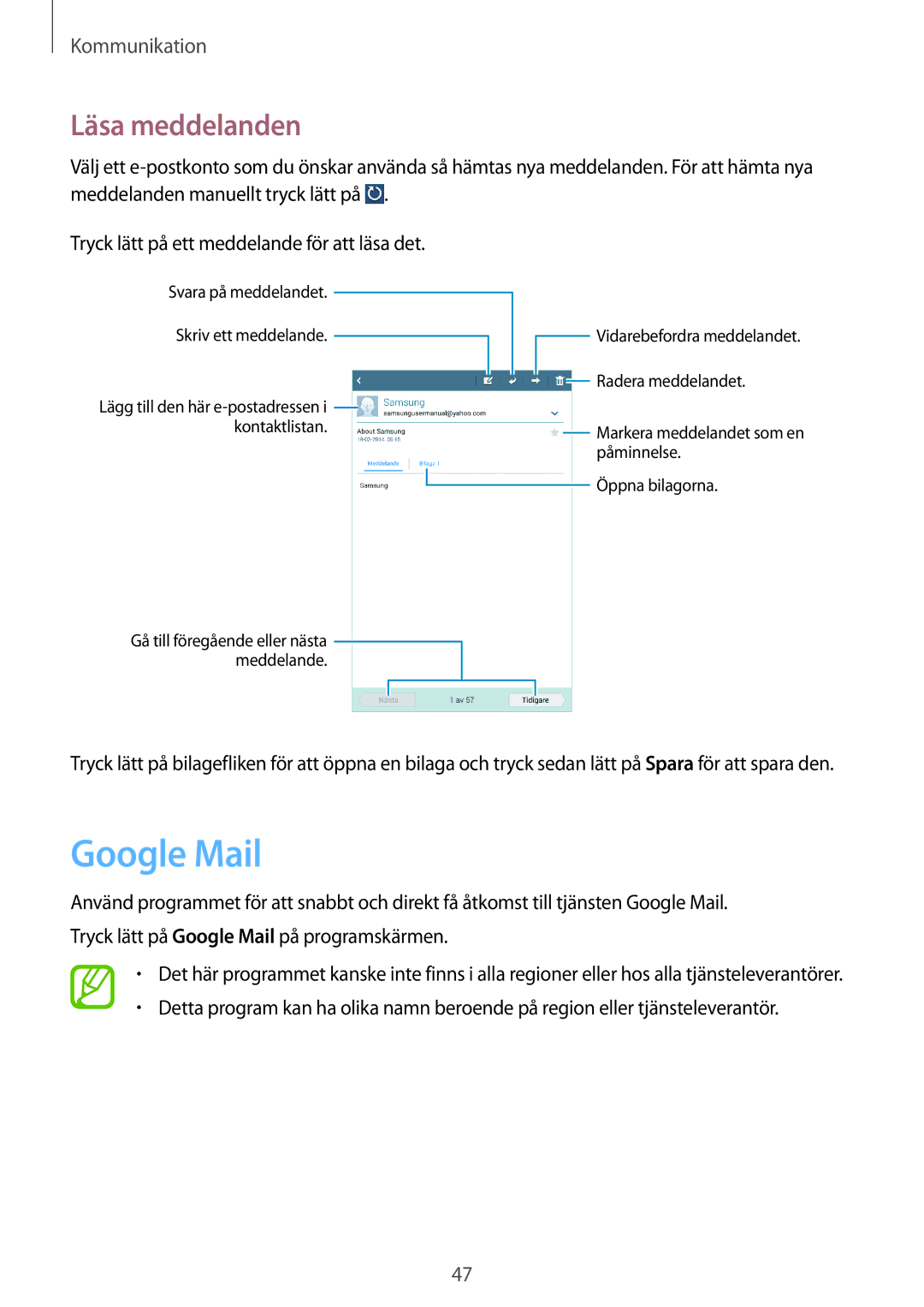 Samsung SM-T3100ZWENEE, SM-T3100MKANEE, SM-T3100GNENEE, SM-T3100GNANEE, SM-T3100MKENEE manual Google Mail, Läsa meddelanden 