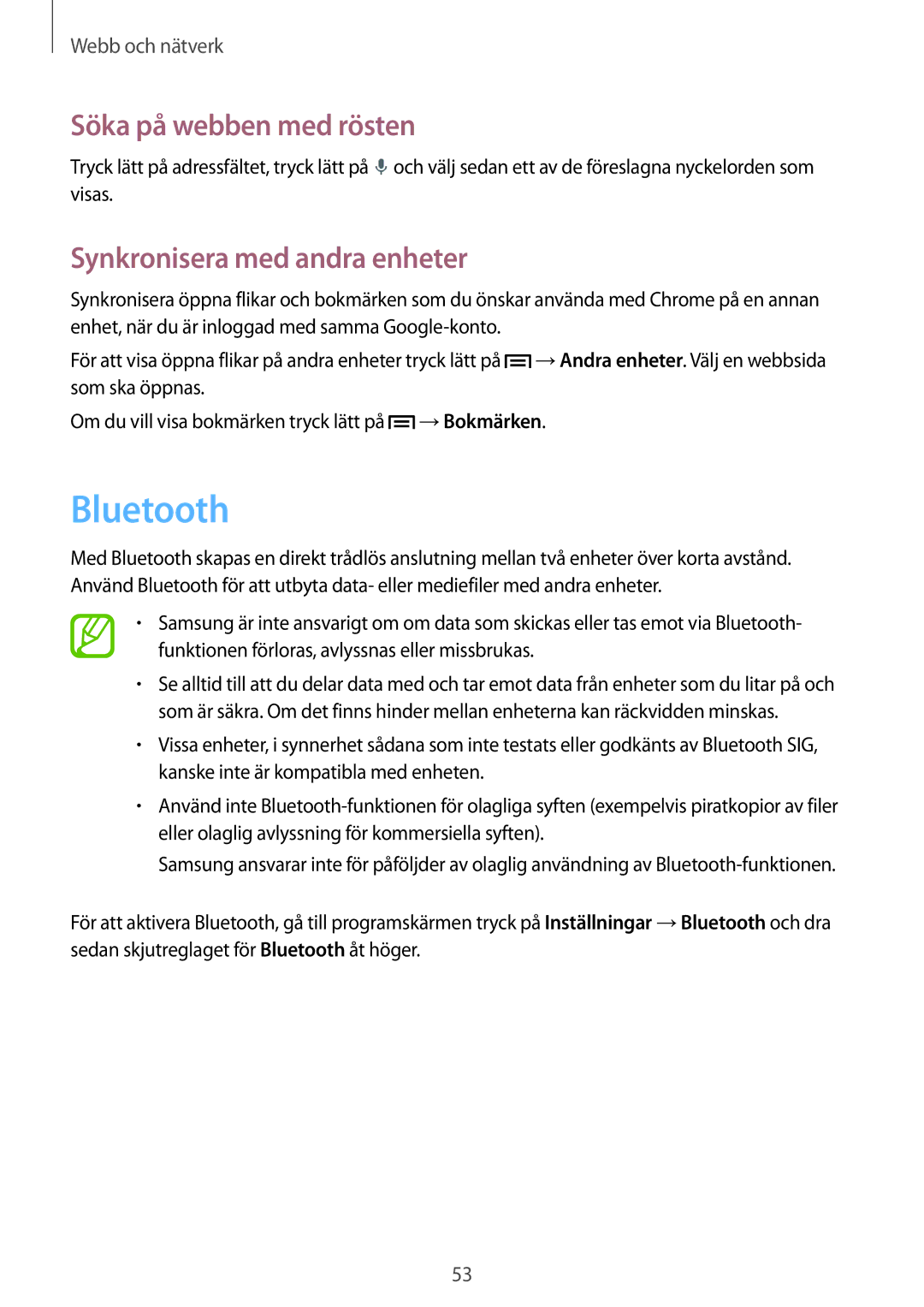 Samsung SM-T3100ZWENEE, SM-T3100MKANEE, SM-T3100GNENEE, SM-T3100GNANEE manual Bluetooth, Synkronisera med andra enheter 