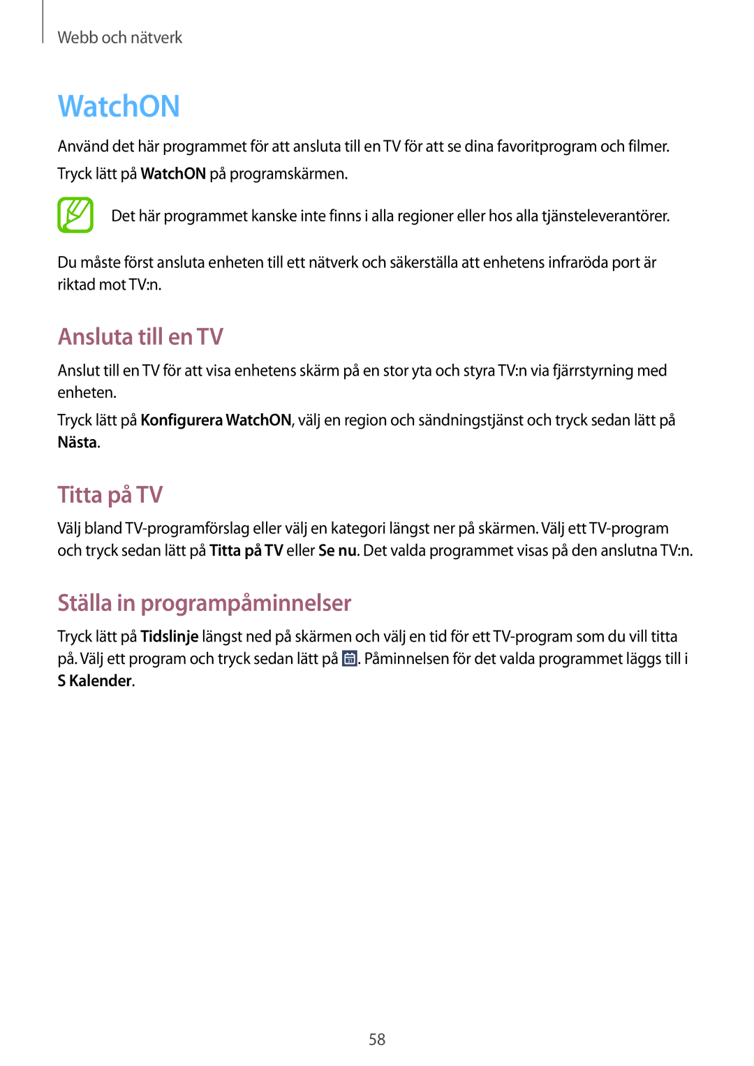 Samsung SM-T3100ZWANEE, SM-T3100MKANEE manual WatchON, Ansluta till en TV, Titta på TV, Ställa in programpåminnelser 