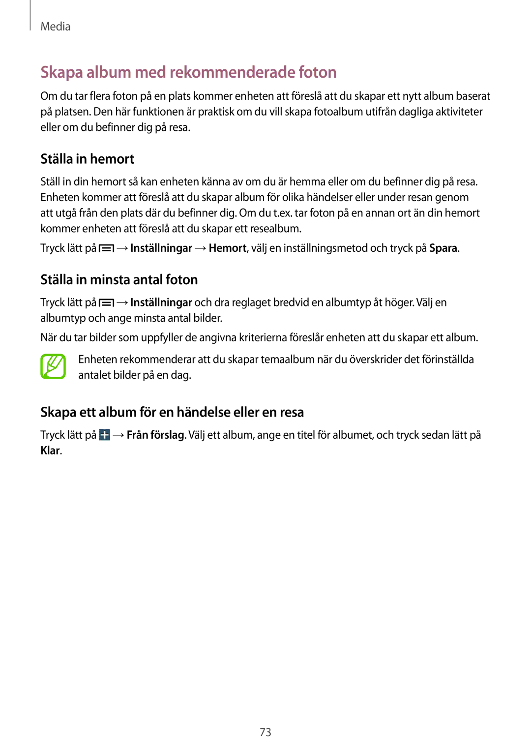 Samsung SM-T3100GNENEE manual Skapa album med rekommenderade foton, Ställa in hemort, Ställa in minsta antal foton 
