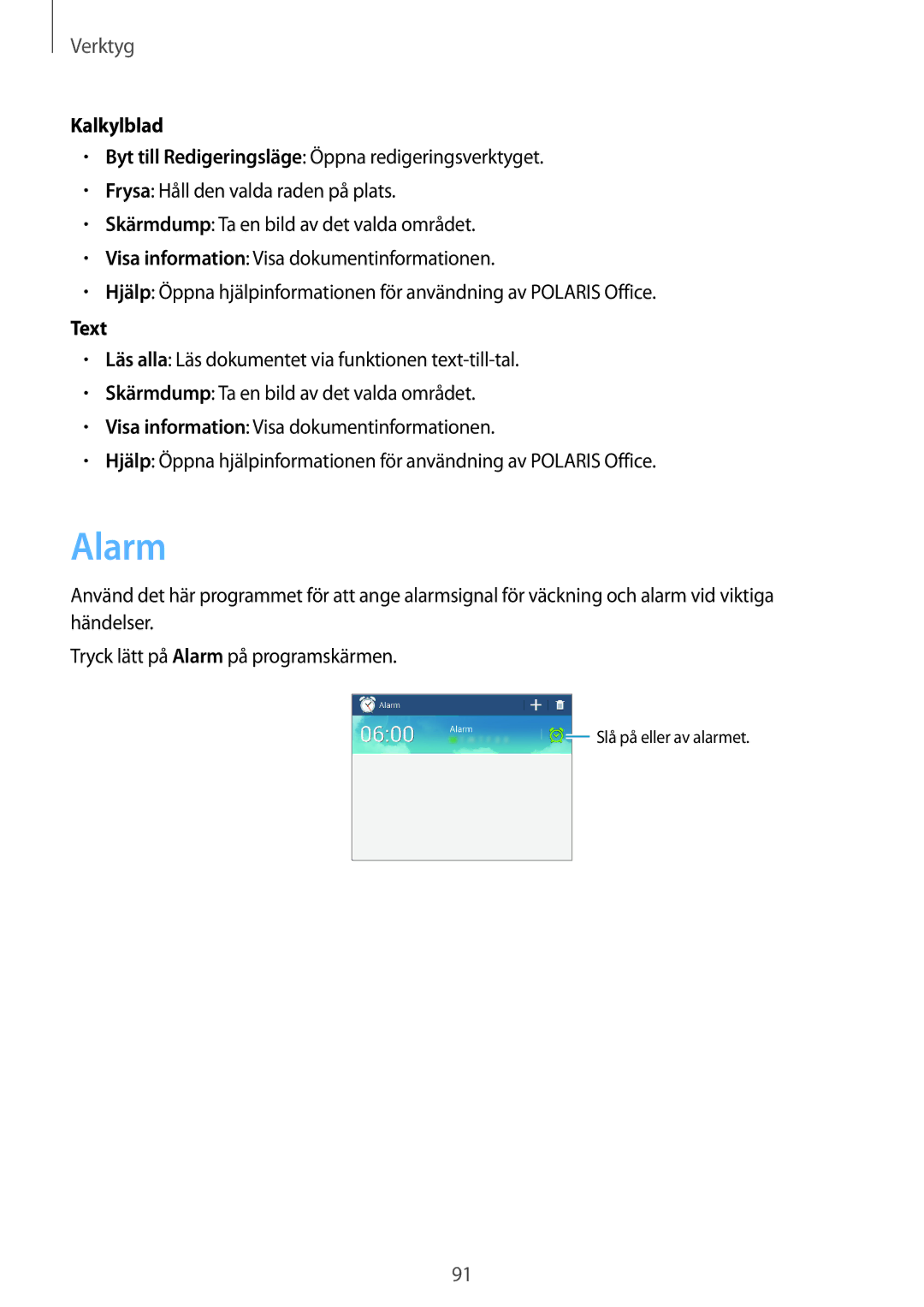 Samsung SM-T3100GNENEE, SM-T3100MKANEE, SM-T3100GNANEE, SM-T3100MKENEE, SM-T3100ZWANEE, SM-T3100ZWENEE Alarm, Kalkylblad, Text 