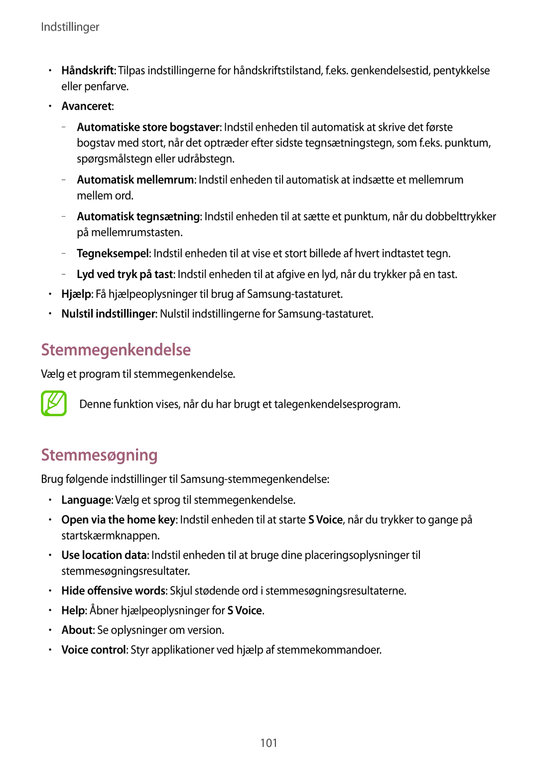 Samsung SM-T3100ZWENEE, SM-T3100MKANEE, SM-T3100GNENEE, SM-T3100GNANEE manual Stemmegenkendelse, Stemmesøgning, Avanceret 