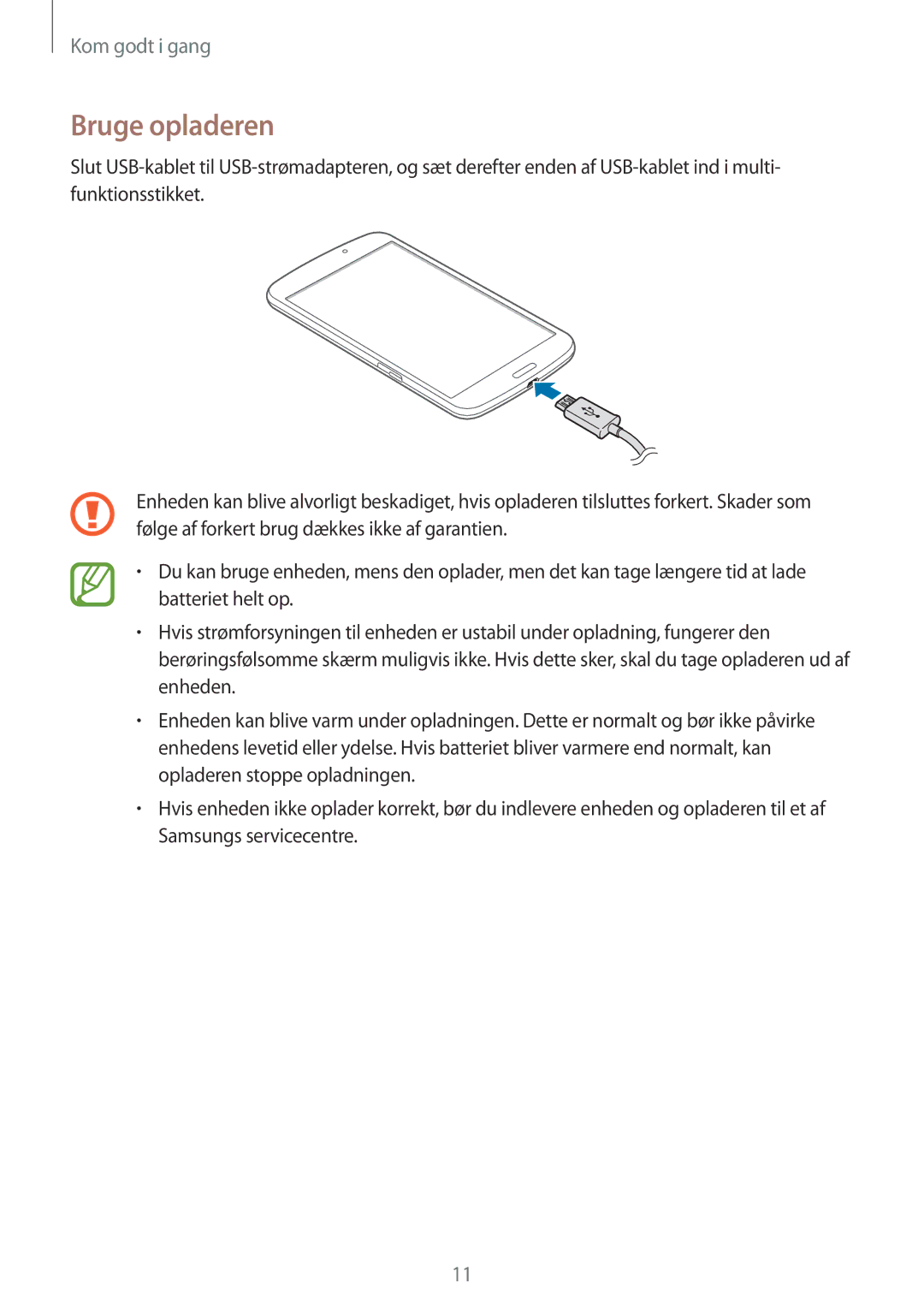 Samsung SM-T3100ZWENEE, SM-T3100MKANEE, SM-T3100GNENEE, SM-T3100GNANEE, SM-T3100MKENEE, SM-T3100ZWANEE manual Bruge opladeren 