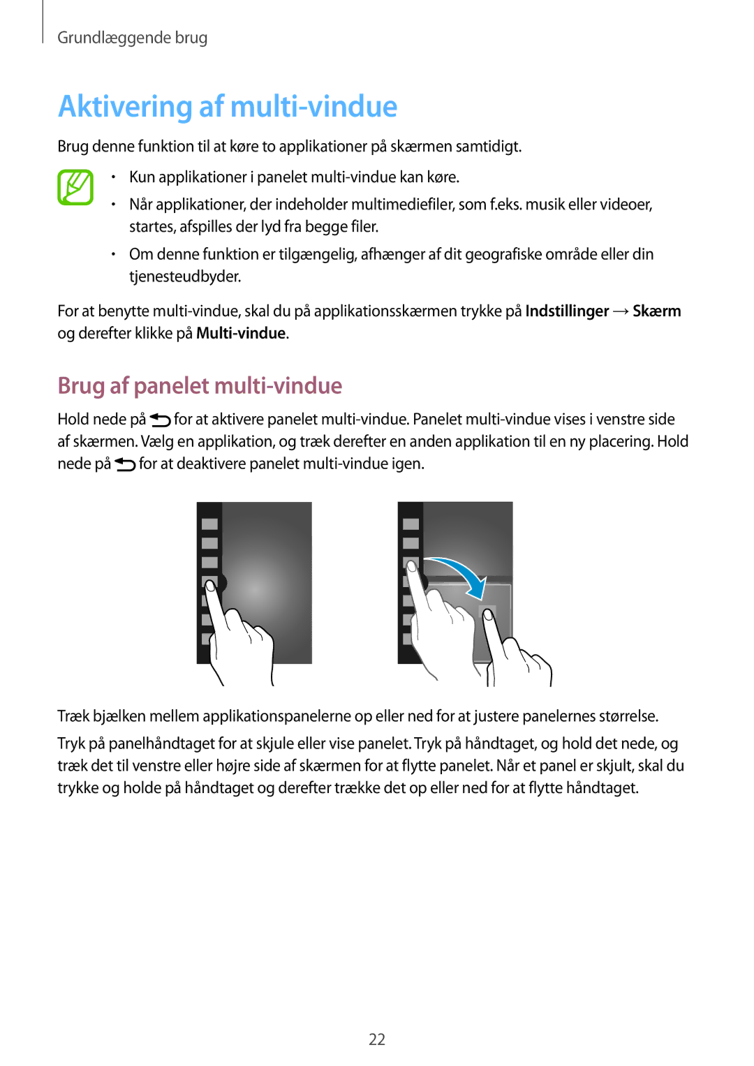 Samsung SM-T3100ZWANEE, SM-T3100MKANEE, SM-T3100GNENEE manual Aktivering af multi-vindue, Brug af panelet multi-vindue 