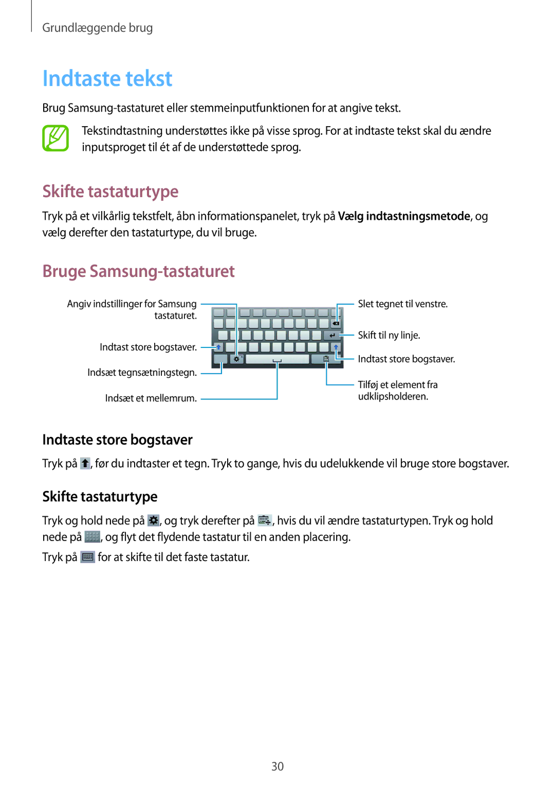 Samsung SM-T3100MKANEE manual Indtaste tekst, Skifte tastaturtype, Bruge Samsung-tastaturet, Indtaste store bogstaver 