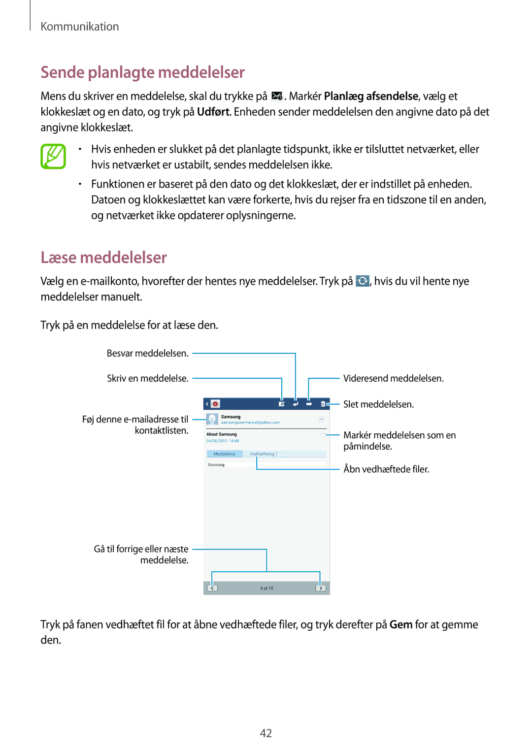 Samsung SM-T3100MKANEE, SM-T3100GNENEE, SM-T3100GNANEE, SM-T3100MKENEE manual Sende planlagte meddelelser, Læse meddelelser 
