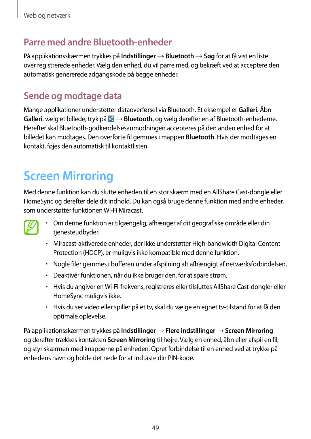Samsung SM-T3100GNENEE, SM-T3100MKANEE manual Screen Mirroring, Parre med andre Bluetooth-enheder, Sende og modtage data 