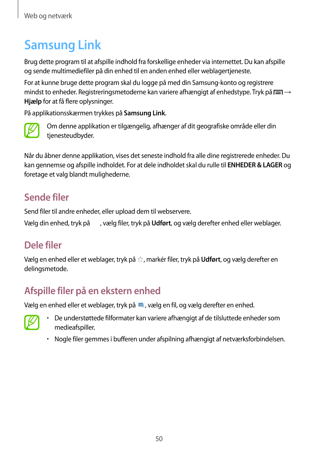 Samsung SM-T3100GNANEE, SM-T3100MKANEE manual Samsung Link, Sende filer, Dele filer, Afspille filer på en ekstern enhed 