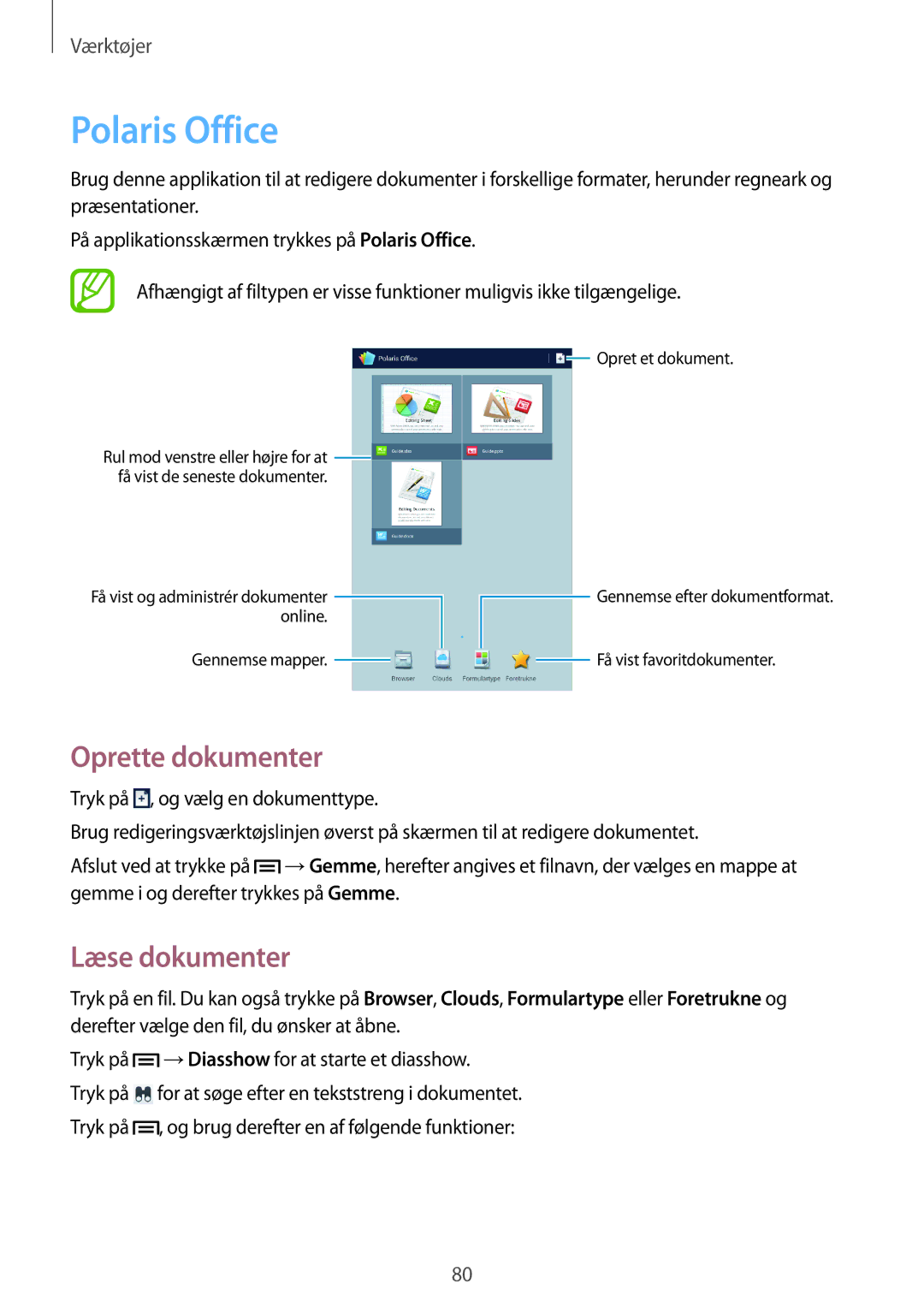 Samsung SM-T3100GNANEE, SM-T3100MKANEE, SM-T3100GNENEE, SM-T3100MKENEE Polaris Office, Oprette dokumenter, Læse dokumenter 