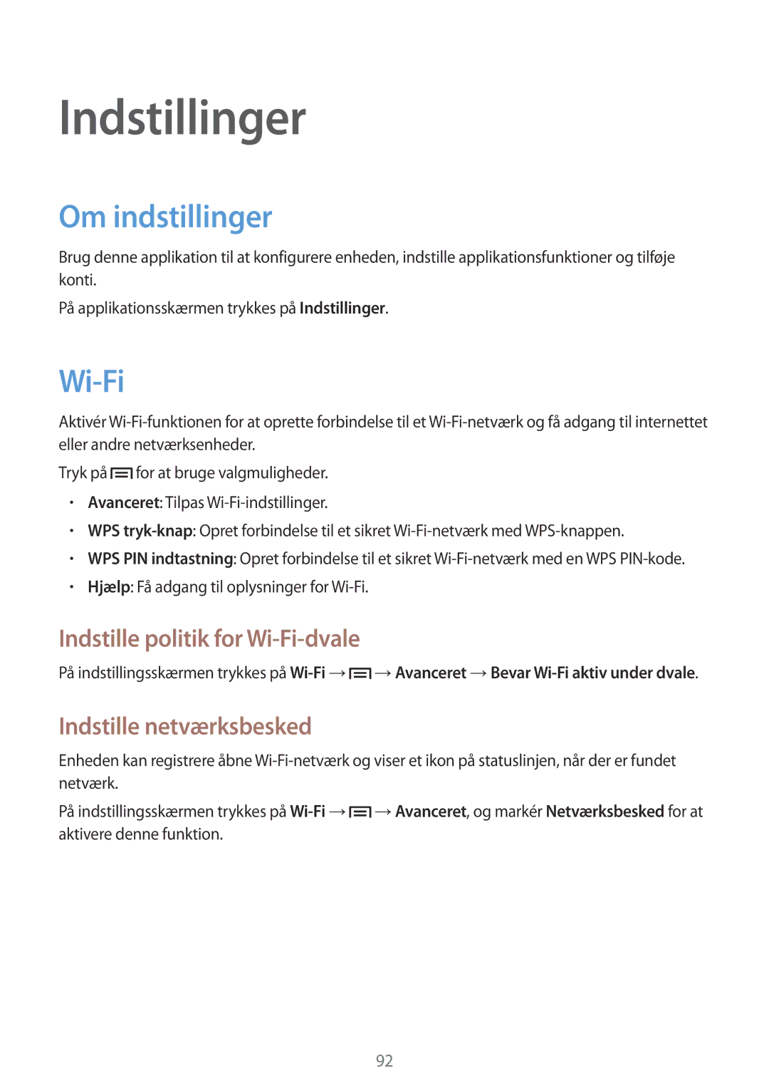 Samsung SM-T3100GNANEE Indstillinger, Om indstillinger, Indstille politik for Wi-Fi-dvale, Indstille netværksbesked 