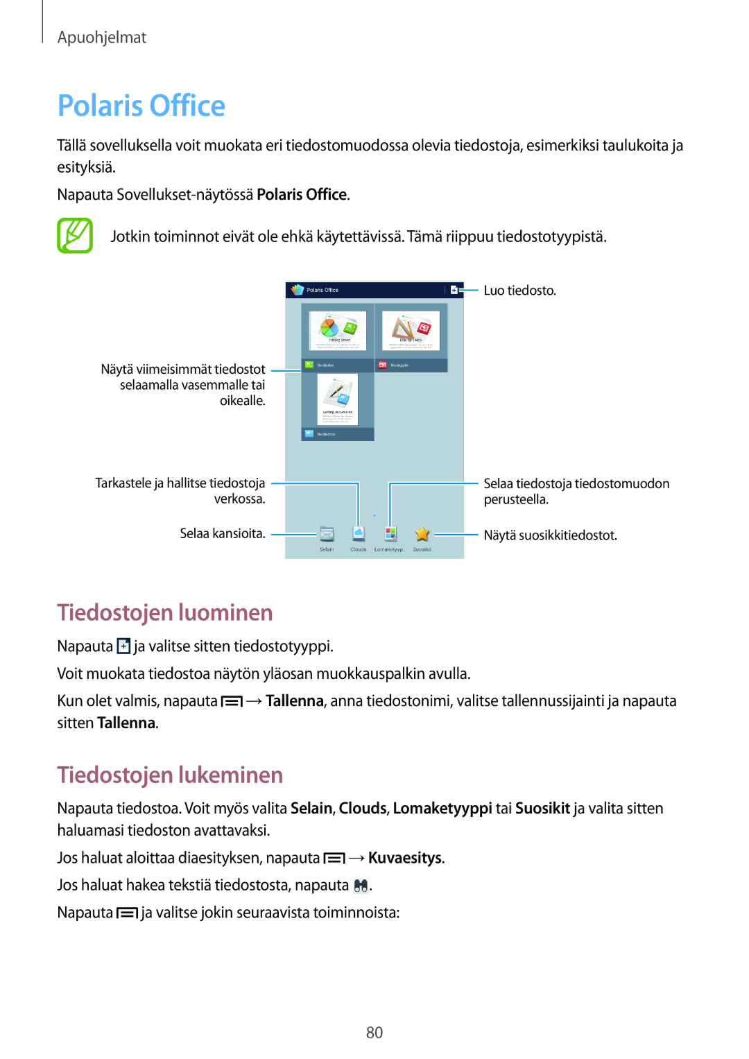 Samsung SM-T3100GNANEE, SM-T3100MKANEE, SM-T3100GNENEE manual Polaris Office, Tiedostojen luominen, Tiedostojen lukeminen 