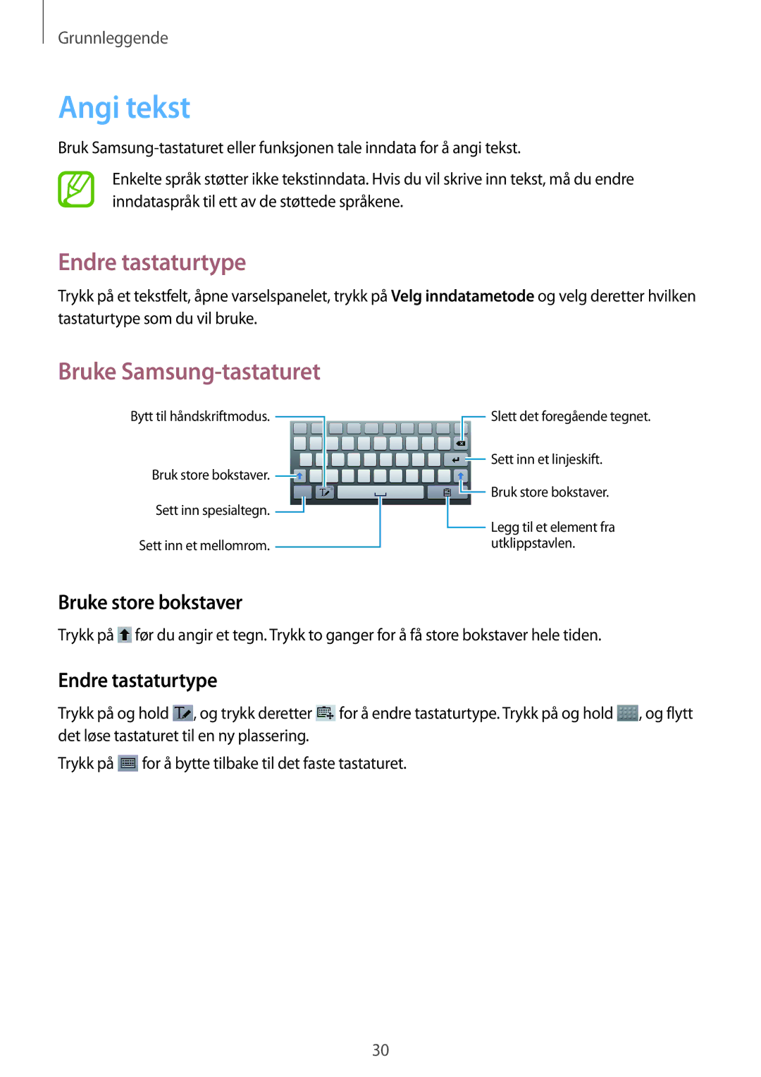 Samsung SM-T3100MKANEE, SM-T3100GNENEE Angi tekst, Endre tastaturtype, Bruke Samsung-tastaturet, Bruke store bokstaver 