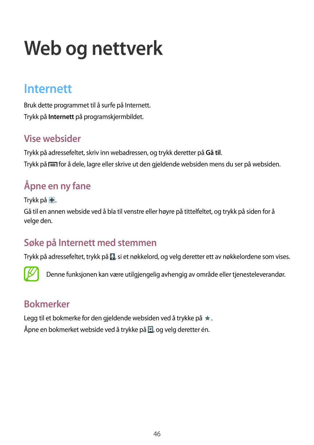 Samsung SM-T3100ZWANEE, SM-T3100MKANEE, SM-T3100GNENEE, SM-T3100GNANEE, SM-T3100MKENEE manual Web og nettverk, Internett 