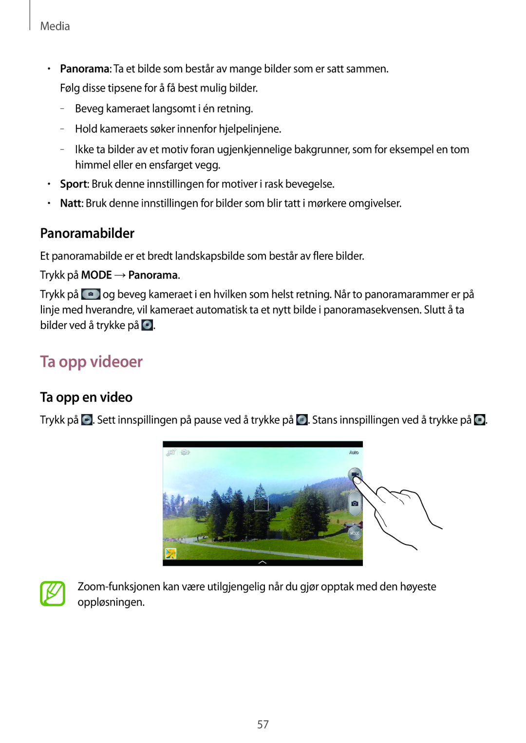 Samsung SM-T3100MKENEE, SM-T3100MKANEE manual Ta opp videoer, Panoramabilder, Ta opp en video, Trykk på Mode →Panorama 
