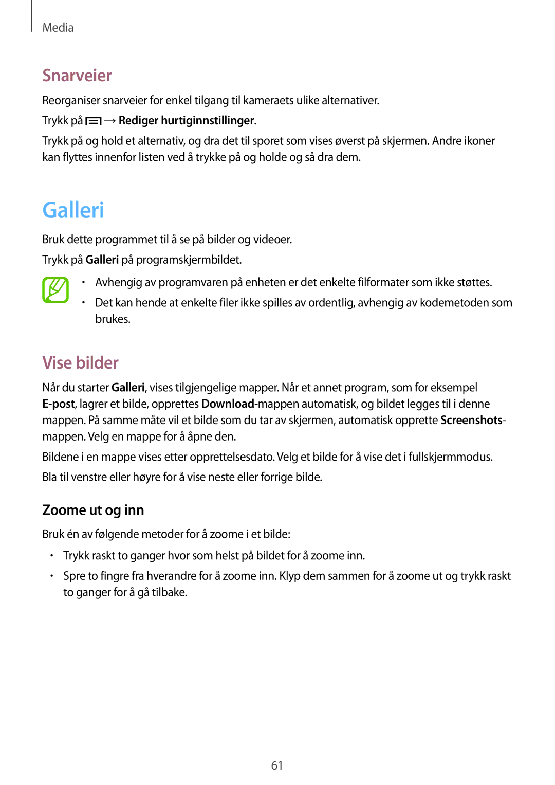 Samsung SM-T3100GNENEE manual Galleri, Snarveier, Vise bilder, Zoome ut og inn, Trykk på →Rediger hurtiginnstillinger 