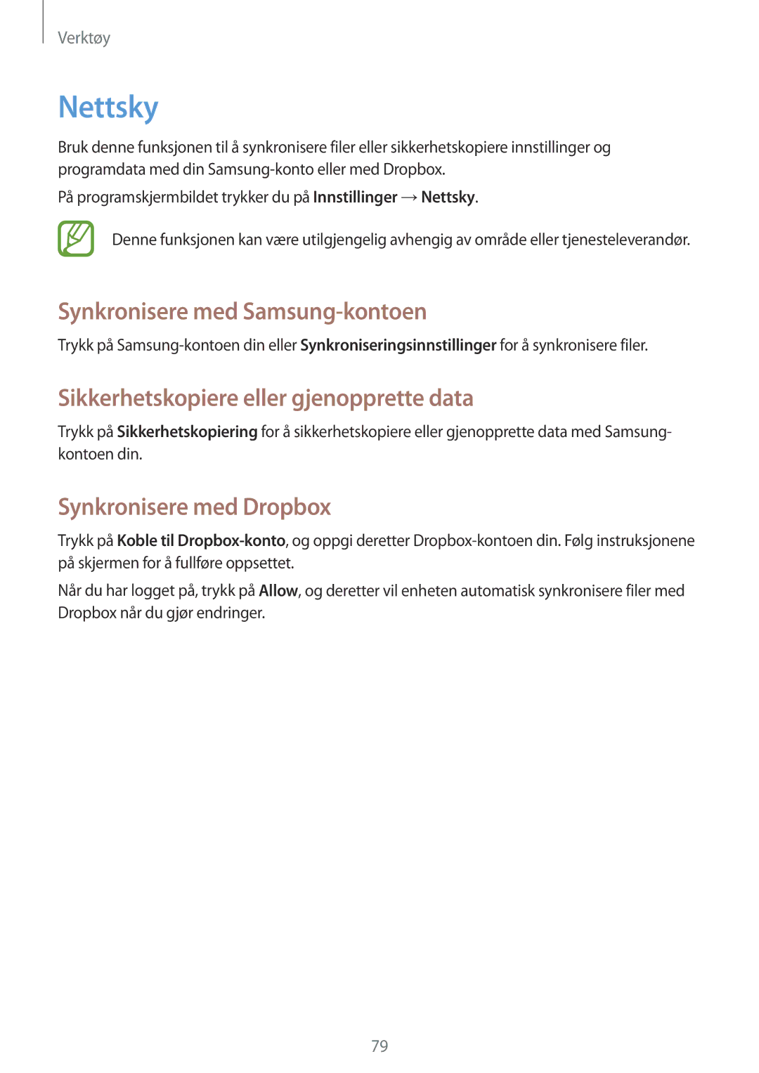 Samsung SM-T3100GNENEE manual Nettsky, Synkronisere med Samsung-kontoen, Sikkerhetskopiere eller gjenopprette data 