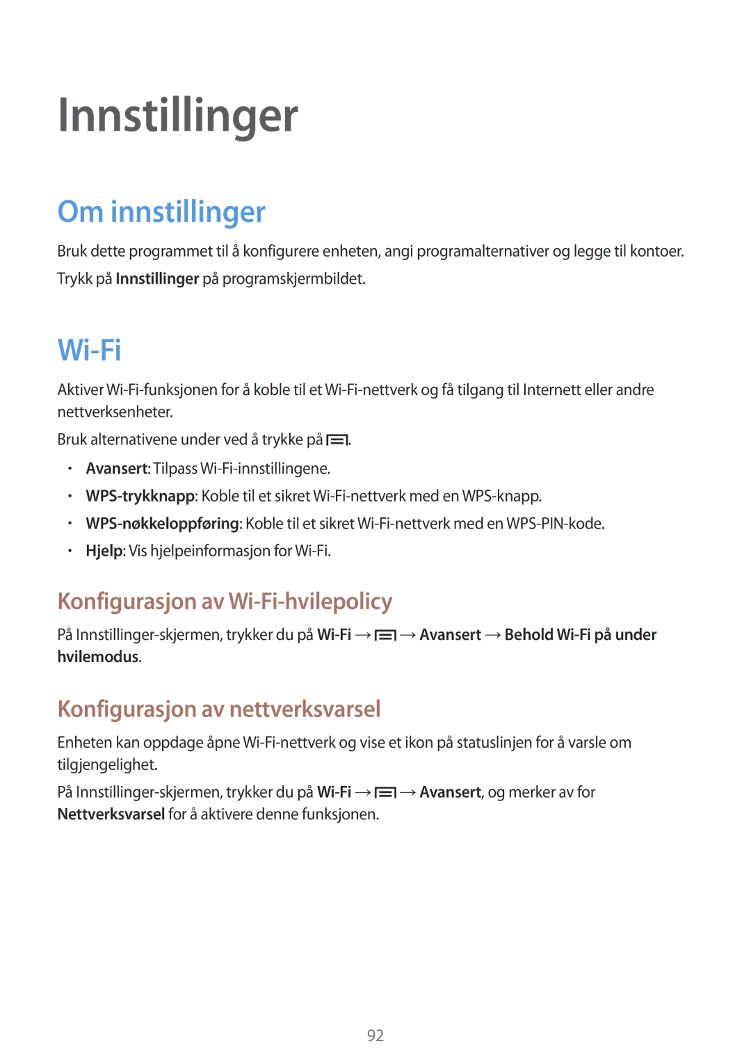 Samsung SM-T3100GNANEE, SM-T3100MKANEE manual Innstillinger, Om innstillinger, Konfigurasjon av Wi-Fi-hvilepolicy 