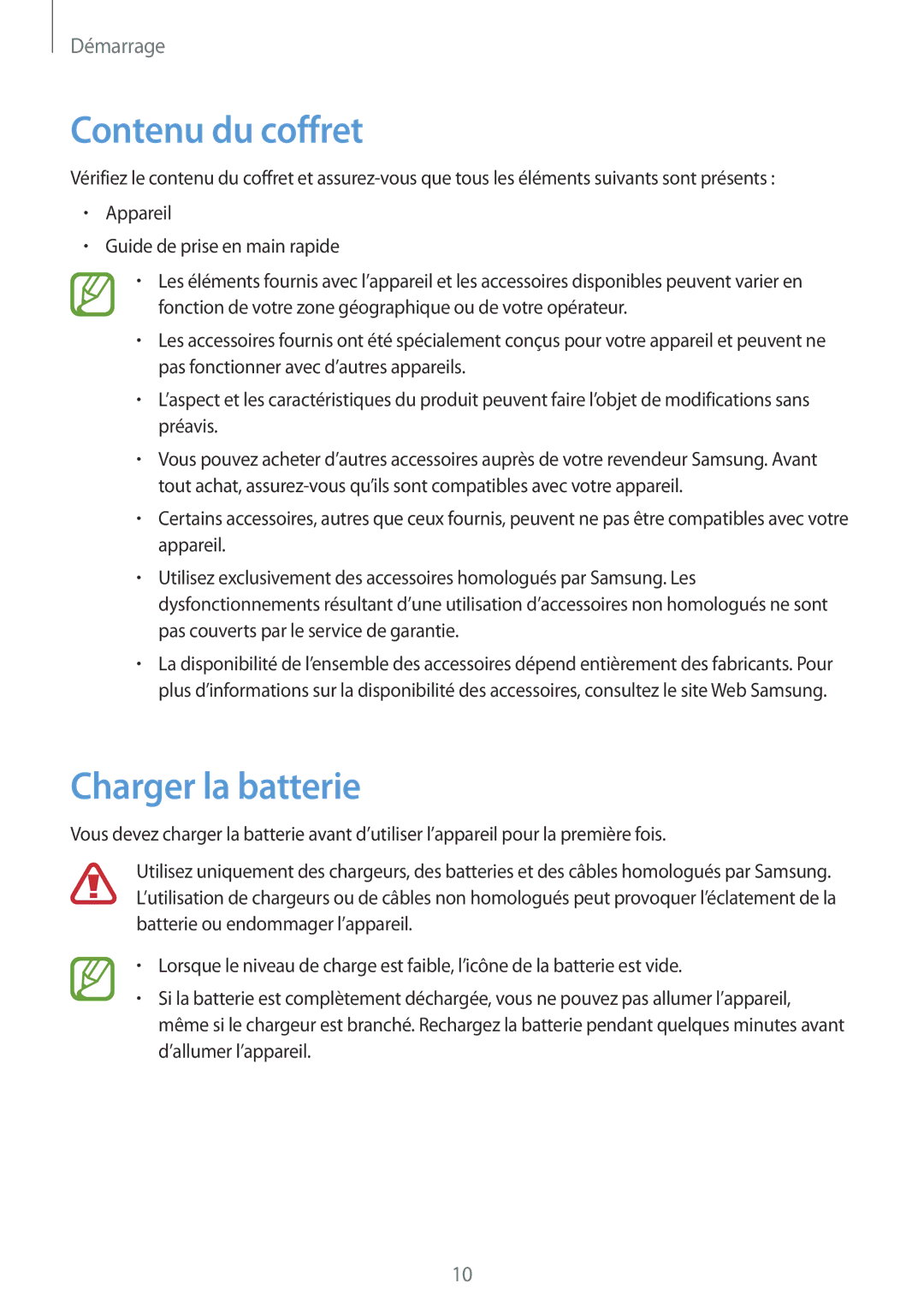 Samsung SM-T3100ZWAXEF, SM-T3100MKAXEF, SM-T3100MKEFNC manual Contenu du coffret, Charger la batterie 