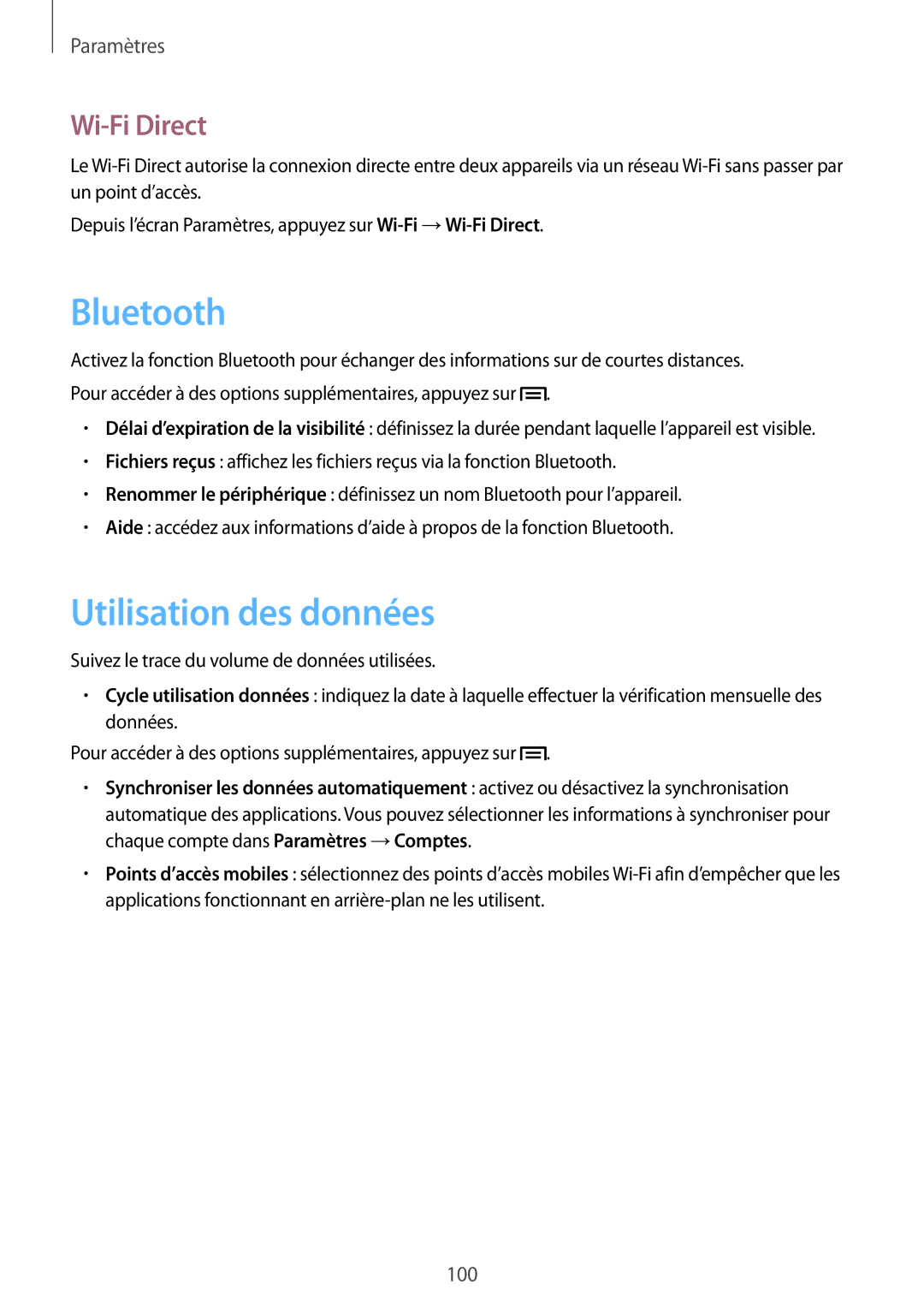 Samsung SM-T3100ZWAXEF, SM-T3100MKAXEF, SM-T3100MKEFNC manual Utilisation des données, Wi-Fi Direct 