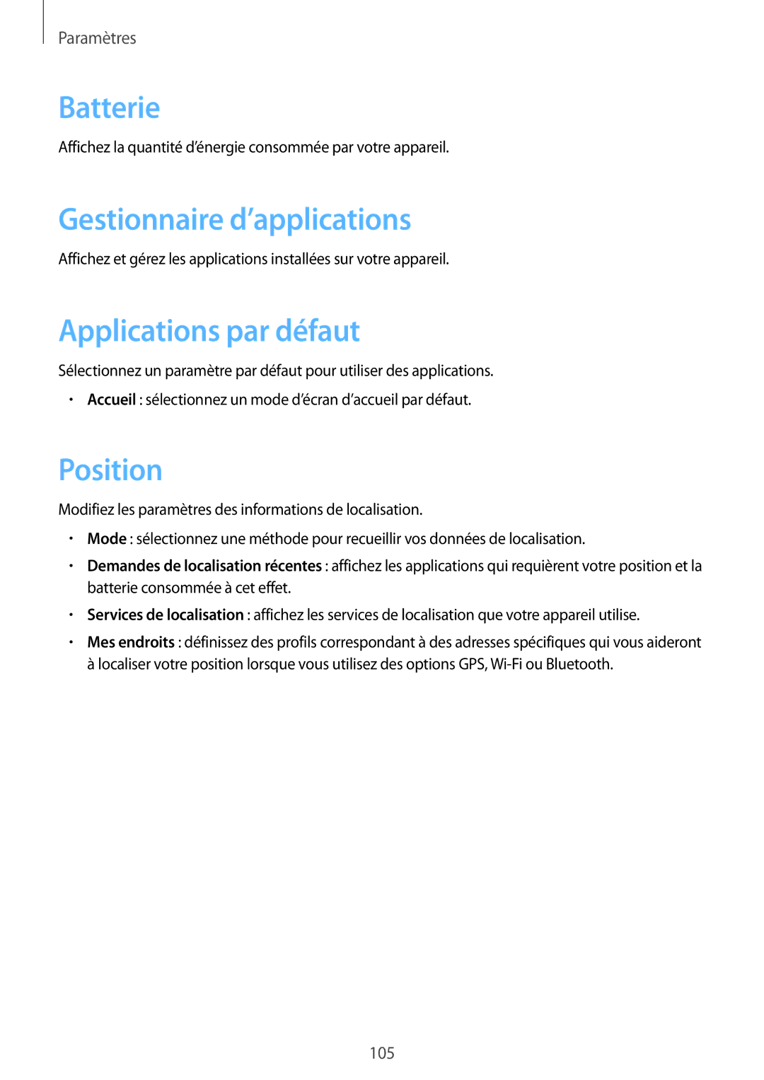 Samsung SM-T3100MKAXEF, SM-T3100ZWAXEF manual Batterie, Gestionnaire d’applications, Applications par défaut, Position 