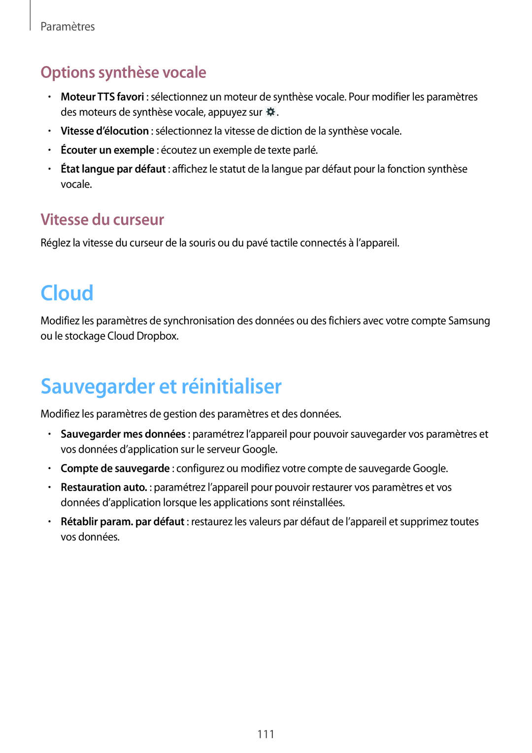 Samsung SM-T3100MKAXEF, SM-T3100ZWAXEF manual Sauvegarder et réinitialiser, Options synthèse vocale, Vitesse du curseur 