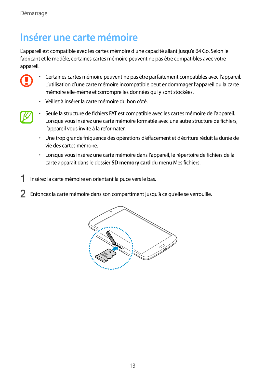 Samsung SM-T3100ZWAXEF, SM-T3100MKAXEF, SM-T3100MKEFNC manual Insérer une carte mémoire 