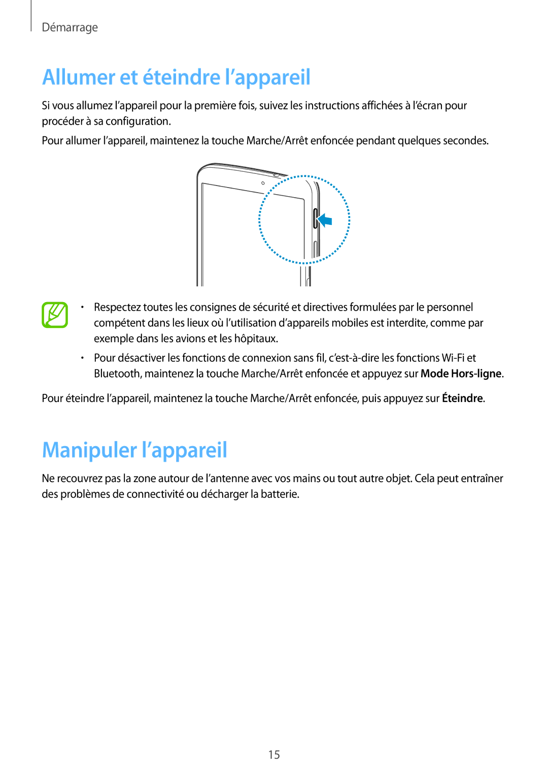 Samsung SM-T3100MKAXEF, SM-T3100ZWAXEF, SM-T3100MKEFNC manual Allumer et éteindre l’appareil, Manipuler l’appareil 