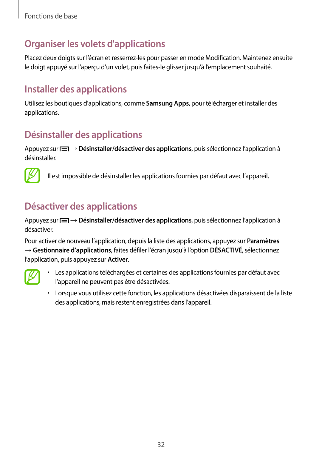 Samsung SM-T3100MKEFNC manual Organiser les volets dapplications, Installer des applications, Désinstaller des applications 