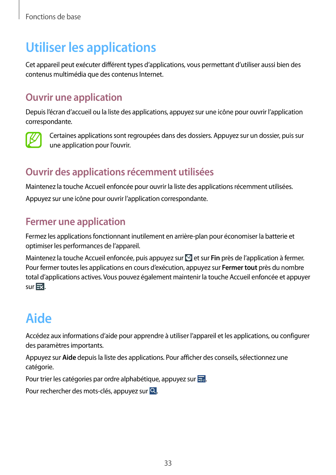 Samsung SM-T3100MKAXEF, SM-T3100ZWAXEF Utiliser les applications, Aide, Ouvrir une application, Fermer une application 