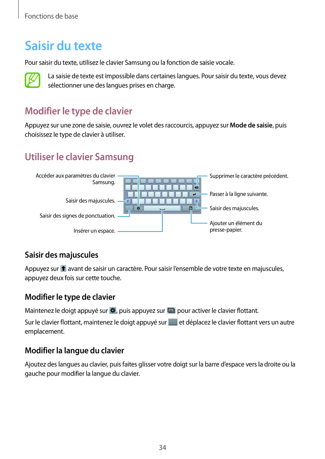 Samsung SM-T3100ZWAXEF, SM-T3100MKAXEF manual Saisir du texte, Modifier le type de clavier, Utiliser le clavier Samsung 