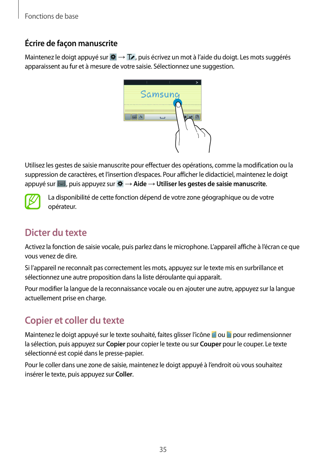 Samsung SM-T3100MKEFNC, SM-T3100MKAXEF manual Dicter du texte, Copier et coller du texte, Écrire de façon manuscrite 