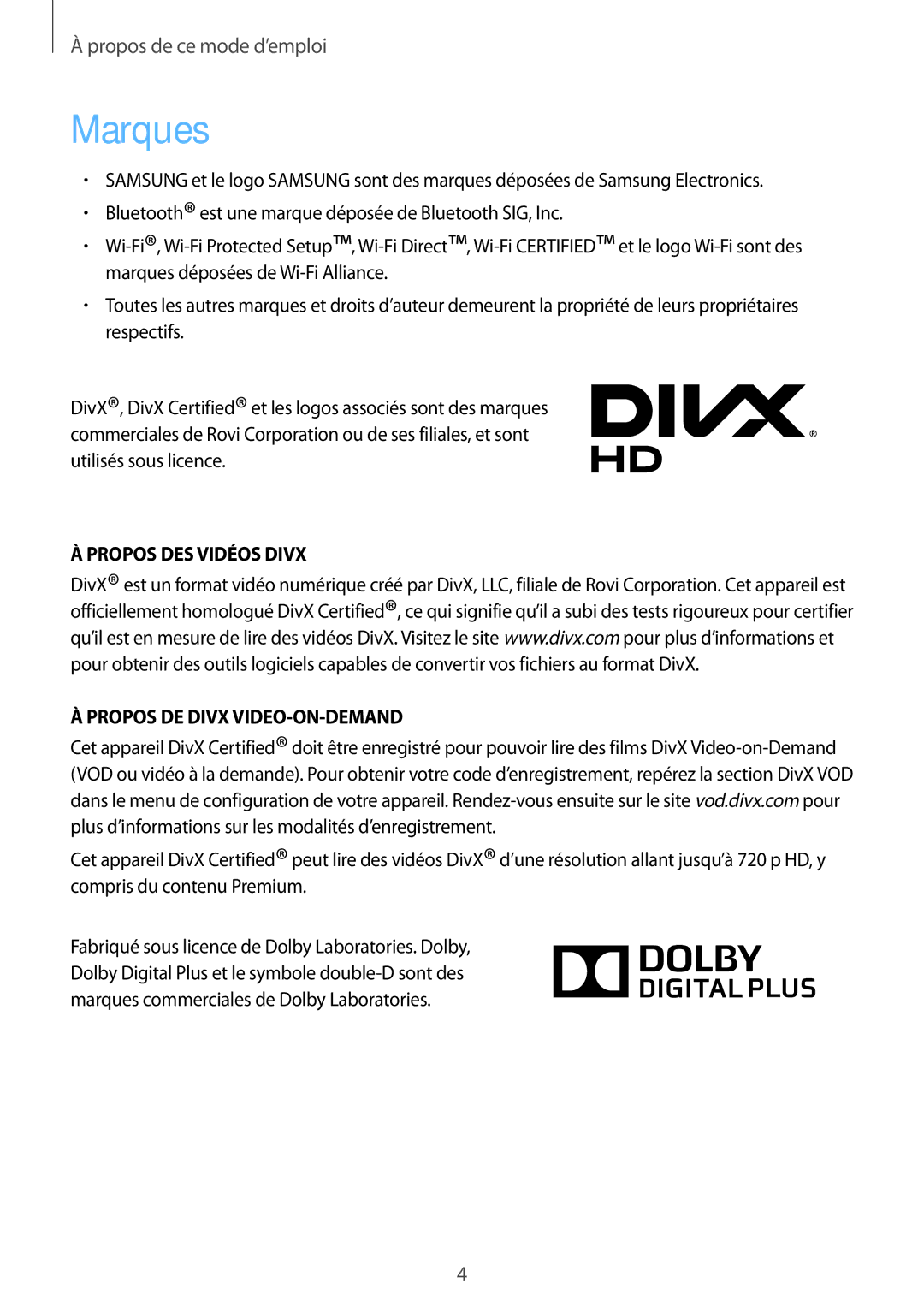 Samsung SM-T3100ZWAXEF, SM-T3100MKAXEF, SM-T3100MKEFNC manual Marques, Propos DES Vidéos Divx Propos DE Divx VIDEO-ON-DEMAND 