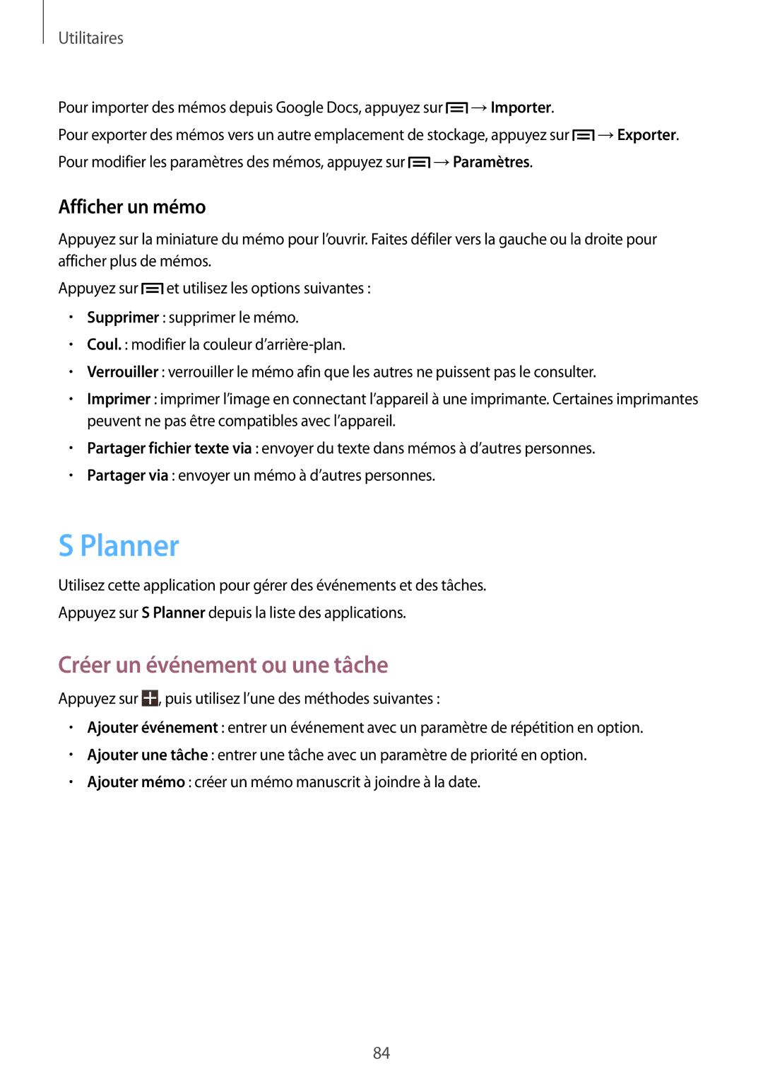 Samsung SM-T3100MKAXEF, SM-T3100ZWAXEF, SM-T3100MKEFNC manual Planner, Créer un événement ou une tâche, Afficher un mémo 