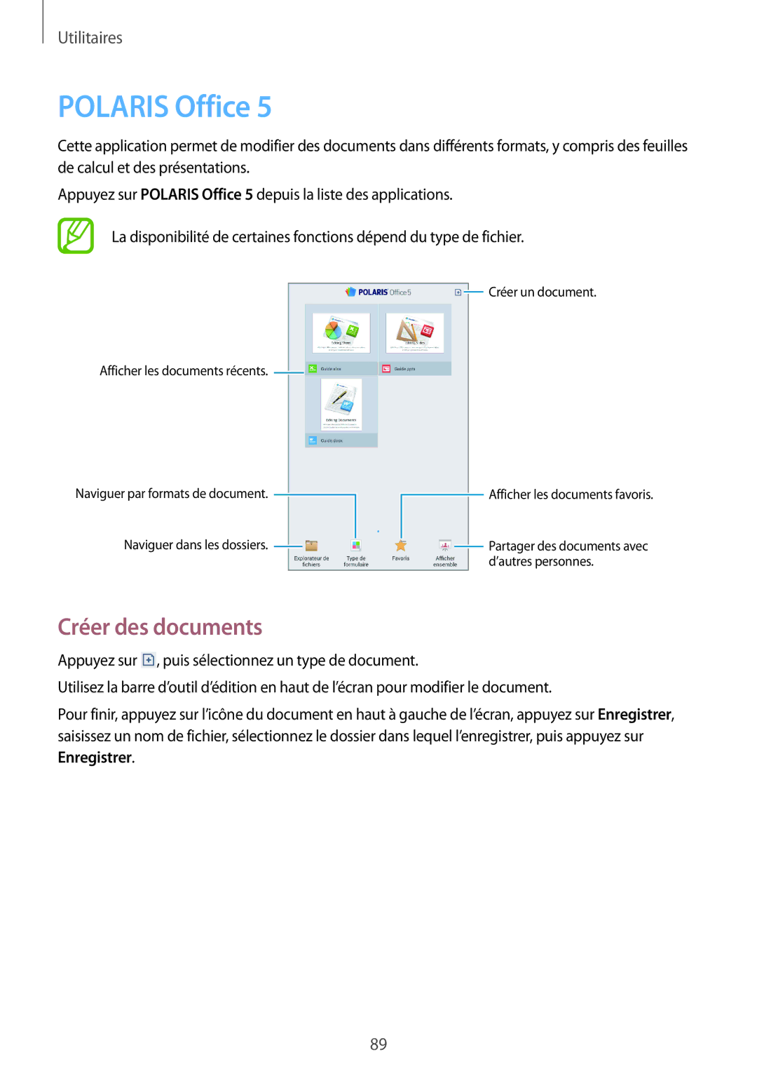 Samsung SM-T3100MKEFNC, SM-T3100MKAXEF, SM-T3100ZWAXEF manual Polaris Office, Créer des documents 