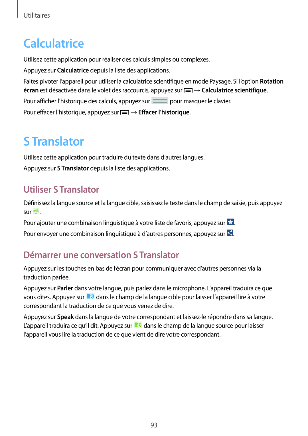 Samsung SM-T3100MKAXEF, SM-T3100ZWAXEF Calculatrice, Utiliser S Translator, Démarrer une conversation S Translator 