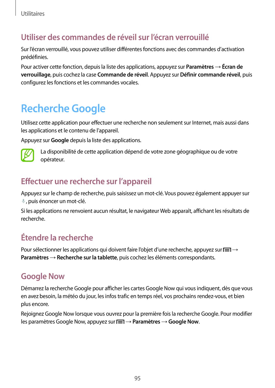 Samsung SM-T3100MKEFNC Recherche Google, Utiliser des commandes de réveil sur l’écran verrouillé, Étendre la recherche 