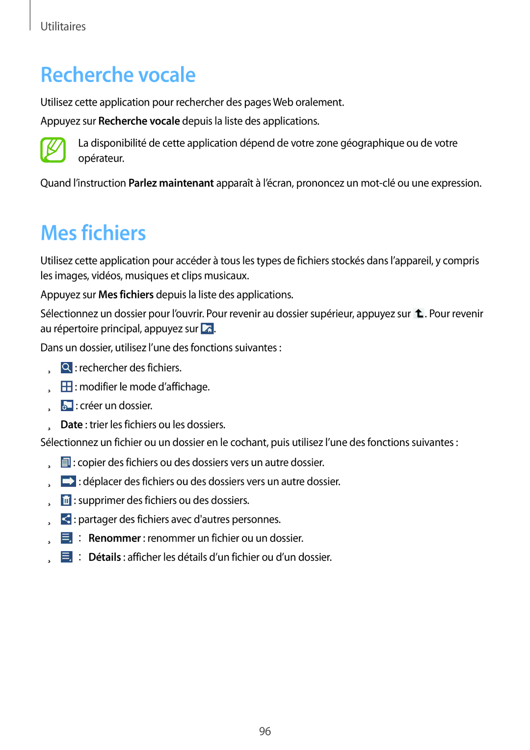 Samsung SM-T3100MKAXEF, SM-T3100ZWAXEF, SM-T3100MKEFNC manual Recherche vocale, Mes fichiers 